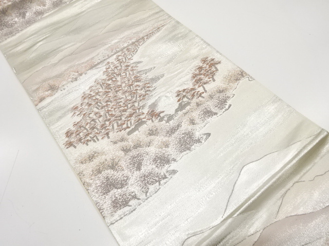 アンティーク　プラチナ二重箔　海辺風景模様織り出し袋帯（着用可）